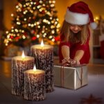 Tidomate Flameless Candles with Realistic Pine Bark Shape, Battery Operated Candle with Remote, Warm Light, 3D Wick, Electric Candle with Timer, Pillars for Christmas Centerpiece Decor, Set of 3