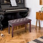 HOMCOM Piano Bench, Duet Piano Chair with Faux Leather Padded Cushion and Wooden Frame, Button Tufted Keyboard Bench, Brown
