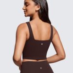 CRZ YOGA Butterluxe Womens Square Neck Longline Sports Bra – Workout Crop Tank Tops Padded with Built in Shelf Yoga Bra Hot Fudge Brown Large