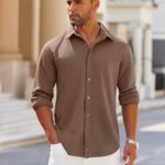 COOFANDY No Tuck Shirts for Men Big and Tall Long Sleeve Button Down Shirts Wrinkle Free Stretch Casual Shirts with Pocket, Brown, XX-Large