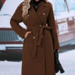 utcoco Womens Long Wool Pea Coat Notched Lapel Double Breasted Trench Coat Winter Warm Overcoat with Belt (Medium, Brown)