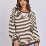 ANRABESS Women Striped Oversized Sweatshirt Long Sleeve Crewneck Shirts 2025 Fall Fashion Pullover Sweater Trendy Clothes Brown White Large