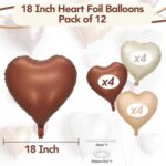Cream Brown Heart Balloons, 12Pcs Brown Apricot Foil Balloons, Beige Coffee Foil Heart Shape Mylar Balloons 18 Inch Nude Neutral Helium Foil Balloons for Boho Birthday Baby Shower Wedding Valentine