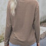 Dokotoo Striped Long Sleeve Shirts for Women Crewneck Color Block Basic Tee Tops Cute Comfy Casual Ladies Clothes Womens Fall Fashion 2024 Brown Stripe Large