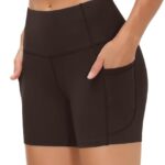 THE GYM PEOPLE High Waist Yoga Shorts for Women’s Tummy Control Fitness Athletic Workout Running Shorts with Deep Pockets Brown