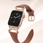 Minyee Leather Bands Compatible with Apple Watch Band 41mm 40mm 38mm 44mm 45mm 42mm 49mm Women, Slim Thin Dressy Designer Strap with C-Shape Metal Buckle for iWatch Ultra 2, Series, Brown/Rose Gold