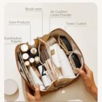 EACHY Travel Makeup Bag,Large Capacity Cosmetic Bags for Women,Waterproof Portable Pouch Open Flat Toiletry Bag Make up Bag with Divider and Handle, Gifts for Women (Brown, Medium)