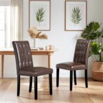 VECELO Upholstered Dining Chairs Set of 6, Button Tufted Back, Padded Seat, Wood Legs with Rubber Footpads, Accent Parsons for Living Room/Kitchen, Brown