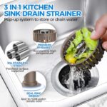 Upgraded 3in1 Kitchen Sink Drain Strainer & Sink Stopper, Stainless Steel Kitchen Drain Plug & Cover with Anti-Clogging Basket Strainer, Fit US Standard 3-1/2” Sink Drain Hole, Brown