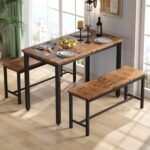 Tatub Dining Table Set for 4, 3-Piece Kitchen Table with 2 Benches, Space-Saving Dining Room Set for Breakfast Nook and Small Spaces, Brown