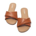 FITORY Women’s Flat Sandals Fashion Slides With Soft Leather Slippers for Summer Brown Size 8