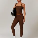 Womens Workout Sets Two Piece Seamless Stretch Cross Back Tank Top Matching Tummy Control High Waist Leggings Set 2 Piece For Women Gym Yoga Active Wear Outfits Athletic Work Out Clothes Brown M