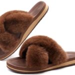 COFACE Women’s Slippers Fuzzy Fluff Fax Fur Slides Slippers Ladies Open Toe Yoga Mat House Slippers with Arch Support Slip-on Sandals for Women Indoor Outdoor Size 8 Brown