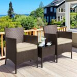 Yaheetech 3 Pieces Patio Porch Furniture Set, Outdoor PE Rattan Wicker Conversation Set with Soft Cushions, Glass Coffee Table & 2 Chairs for Garden/Deck/Courtyard/Poolside, Brown/Khaki