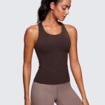 CRZ YOGA Butterluxe Workout Tank Tops for Women Built in Shelf Bras Padded – Racerback Athletic Spandex Yoga Camisole Hot Fudge Brown Medium