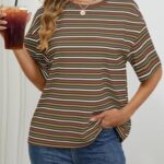 MEROKEETY Women’s Summer Short Sleeve Shirt Casual Colourful Striped Crewneck Loose Tops Blouse, Brown, Small
