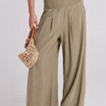 ANRABESS Women Linen Palazzo Pants Summer Boho Wide Leg High Waist Casual Lounge Pant 2025 Beach Travel Vacation Outfits Brown Medium