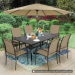Incbruce 8 Pieces Patio Dining Set with Brown Umbrella, Outdoor Dining Set of 6 Textilene Chairs and Rectangle Table with Umbrella Hole for Backyard, Garden, and Poolside (Brown)