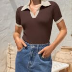 ZESICA Women’s Short Sleeve V Neck T Shirts 2025 Summer Ribbed Knit Slim Fitted Basic Solid Color Tee Tops,Coffee,Medium