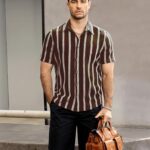 VATPAVE Mens Summer Striped Shirts Button Down Short Sleeve Vintage Beach Hawaiian Shirts with Pocket Medium Coffee Button Up