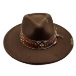 Wotfim Classic Wide Brim Fedora Hat for Women Man Floppy Panama Hat Western Felt Outdoor Hat with Band Sun Protection-YC24315Dark Brown