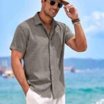 COOFANDY Men’s Linen Shirts Short Sleeve Casual Shirts Button Down Shirt for Men Beach Summer Wedding Shirt Brown