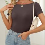 ANRABESS Women Boat Neck Tops Short Sleeve T-Shirts Ribbed Knit Tight Fitted Basic Tees Shirts 2025 Summer Clothes Brown Medium