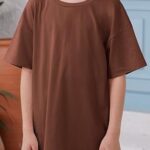 ZDC Girls Short Sleeve T Shirts Kids Summer Oversized Tops Trendy Crewneck Basic Tees 5-14Y Brown