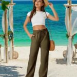 SEMARO Womens Casual Linen High Waist Pants Drawstring Loose Fit Summer Pants Trousers with Side Pockets Brown