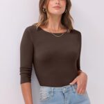 ANRABESS Women 3/4 Sleeve Crewneck Rib Knit Slim Fit Shirts Basic Tee Tops 2025 Fall Summer Casual T-Shirt Workout Outfits Brown Large