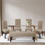 FORCHEER Dining Chair Covers and Bench Covers Set Waterproof Light Brown Jacquard Washable Parsons Chair Slipcover Removable Seat Protector for Dining Room- 4 PCS Chair Cover+1 PC Bench Cover