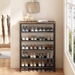 INGIORDAR Shoe Rack Organizer 5 Tier Metal Organizer Shelf with Industrial MDF Board and Layer Fabric for Entryway Closet Bedroom Living Room Garage,Black & Rustic Brown (Black+Rustic Brown, 6 Tier)
