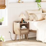 SUPERJARE Nightstands Set of 2, Night Stands with Charging Station & PE Rattan Decor Drawer, Bed Side Tables with Solid Wood Feet, End Table, for Bedroom, Living Room, Walnut
