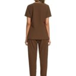 COZYFIT Women’s Scrubs Set – Stretch V-Neck Top & Jogger Pant with 8 Pockets, Yoga Waistband, Anti Wrinkle, Slim Fit – Brown, L