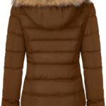 Thickened Winter Puffer Jacket with Removable Faux Fur Hood Fleece Lining Light Brown