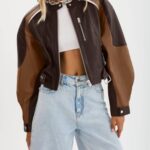 Tankaneo Womens Faux Leather Bomber Jackets Cropped Zip Up Color Block Fall Casual Moto Biker Coats