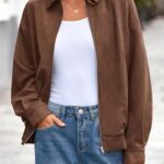PRETTYGARDEN Faux Suede Bomber Jacket Women Fall Fashion 2025 Casual Zip Up Oversized Trendy Winter Clothing Outerwear Coats (Brown,Large)
