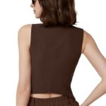 QINSEN Womens Vest Top V Neck Sleeveless Button Down Lined Going Out Crop Tops Coffee Bean M