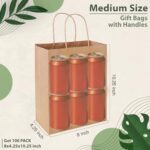 Ginkgo 100 Pcs Paper Gift Bags with Handles, Brown Paper Bags 8×4.25×10.25 Inch, Medium Size Bulk Kraft Bag for Party, Favor, Goodie, Grocery, Shopping