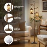 68″ Rustic Farmhouse Tree Trunk Floor Lamp Country Brown Finish Wood Vintage Standing Tall Lamp with Lantern Stepless Dimmable Industrial Floor Lamp Decor for Bedroom Living Room Office Hotel