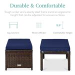 Best Choice Products Set of 2 Wicker Ottomans, Multipurpose Outdoor Furniture for Patio, Backyard, Additional Seating, Footrest, Side Table w/Removable Cushions, Steel Frame – Navy/Brown