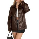 WIHOLL Brown Leather Jacket Women Cute Oversized Motorcycle Bomber Coats Vintage 2025 Fall Fashion Outfits Winter Clothes S