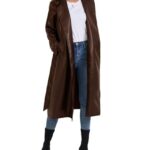 xxxiticat Women’s Leather Trench Coat Long Sleeve Open Front Motorcycle Lapel Belted Tie Long Black Faux Leather Jacket(BR,S)