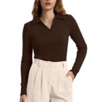 WIHOLL Chocolate Brown Fall Clothes for Women Tops for Teachers Casual Blouses for Work Professional Polo Shirts Solid Color Coffee L