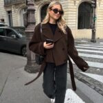 utcoco Womens Cropped Wool Coats Belted Double Breasted Pea Coat Short Jacket Notched Lapel Trench Coat with Pockets (Large, Coffee)