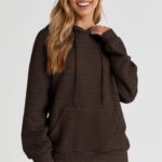 SHEWIN Womens Hoodies Casual Long Sleeve Drawstring Waffle Hoodie Pullover Sweatshirts Loose Hooded Sweatshirt for Women Trendy Fall Tops,US 8-10(M),Brown