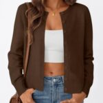Trendy Queen Womens Cardigan Sweaters Lightweight Crew Neck Outfits Fall Fashion 2025 Clothing Chocolate Brown M