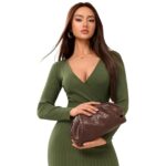 PHILOMENA Women’s Woven Evening Bag Vegan Leather Clutch Purse Dumpling Ruched Bag Party Wedding Elegant Handbags (Coffee)