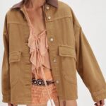 Lumister Womens Jean Jacket Oversized Button Down Side Pockets Winter Long Sleeves Contrasting Demin Jacket(0786-Khaki-M)