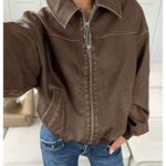 SOLY HUX Women’s Vintage PU Leather Jackets Zip Up Baggy Outerwear with Pocket Fall Clothes Coffee Brown Small